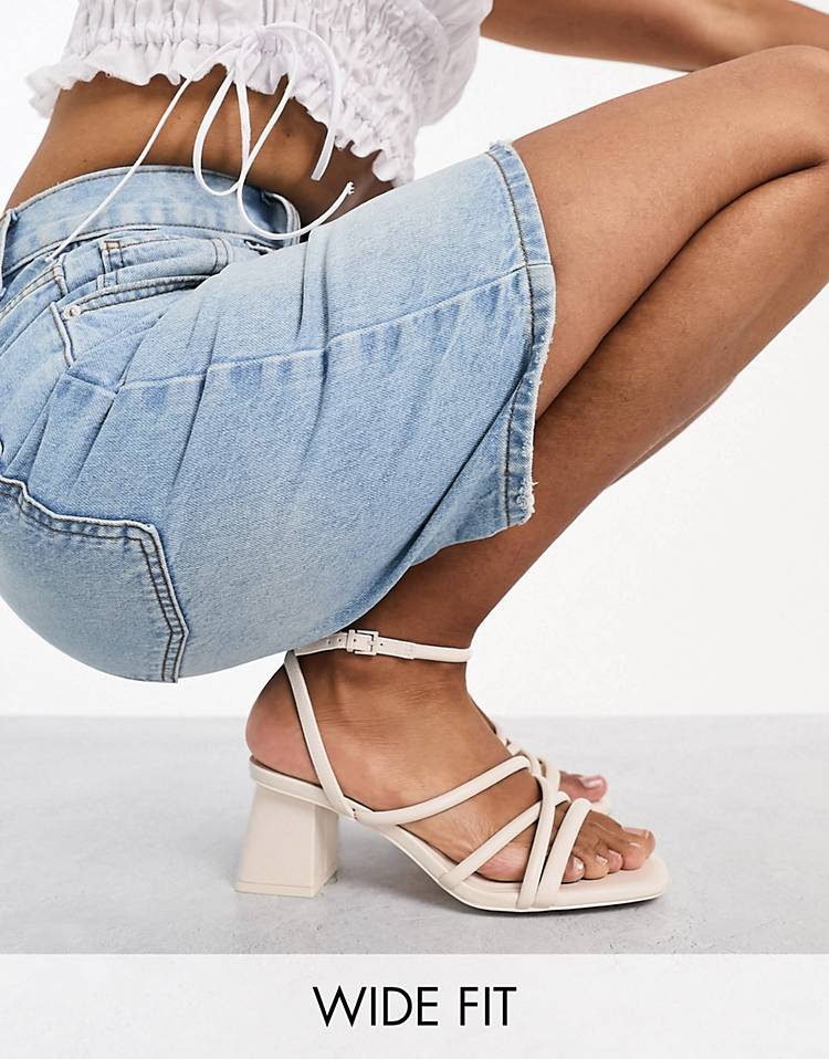 Stradivarius Wide Fit strappy block heel in ecru